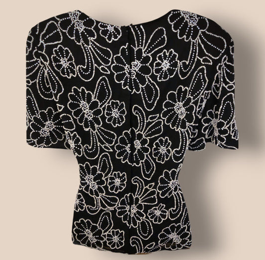 Gina Bacconi Vintage 80's Silk Beaded Black Evening Top UK 12 US 8 EU 40 Timeless Fashions
