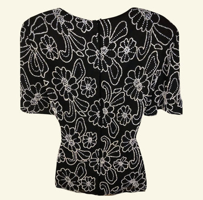 Gina Bacconi Vintage 80's Silk Beaded Black Evening Top UK 12 US 8 EU 40 - Timelessfashions