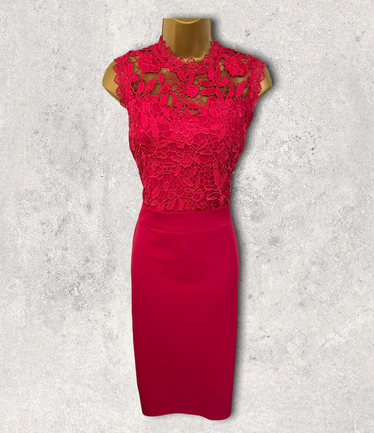 Coast Cerise Pink Crepe, Lace Bodice Pencil Dress UK 10 US 6 EU 38 Timeless Fashions
