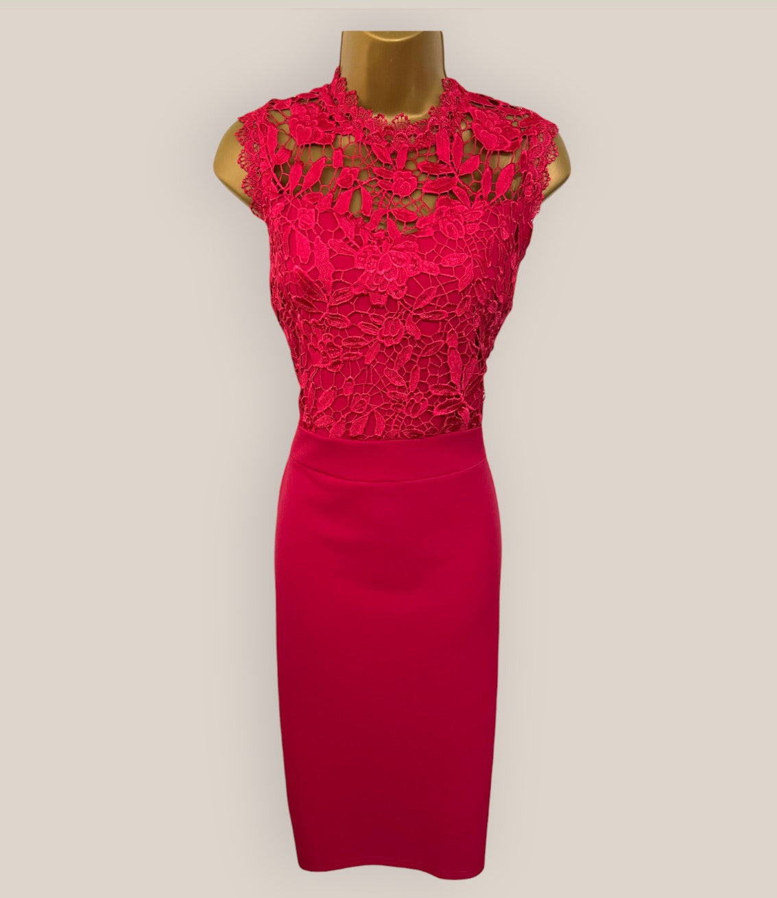 Coast Cerise Pink Crepe, Lace Bodice Pencil Dress UK 10 US 6 EU 38 Timeless Fashions