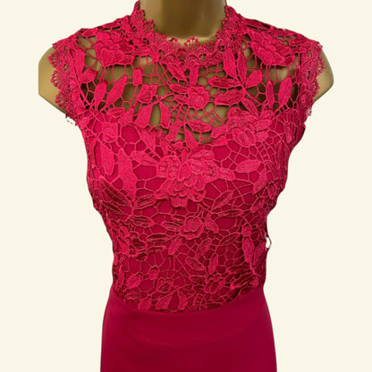 Coast Cerise Pink Crepe, Lace Bodice Pencil Dress UK 10 US 6 EU 38 - Timelessfashions