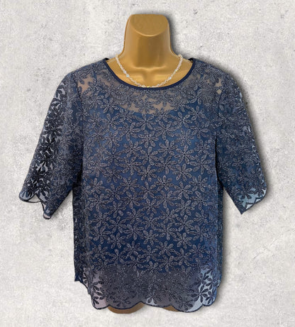 Boden Dark Blue Metallic Floral Organza Top UK 14 US 10 EU 42 Timeless Fashions