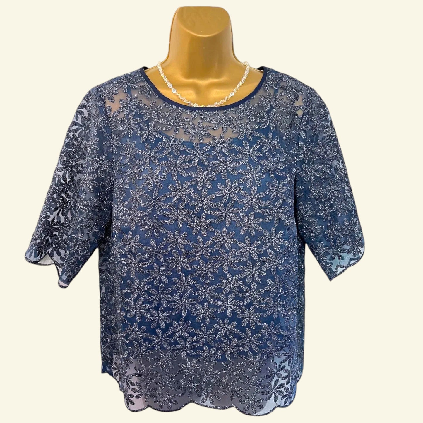 Boden Dark Blue Metallic Floral Organza Top UK 14 US 10 EU 42 - Timelessfashions