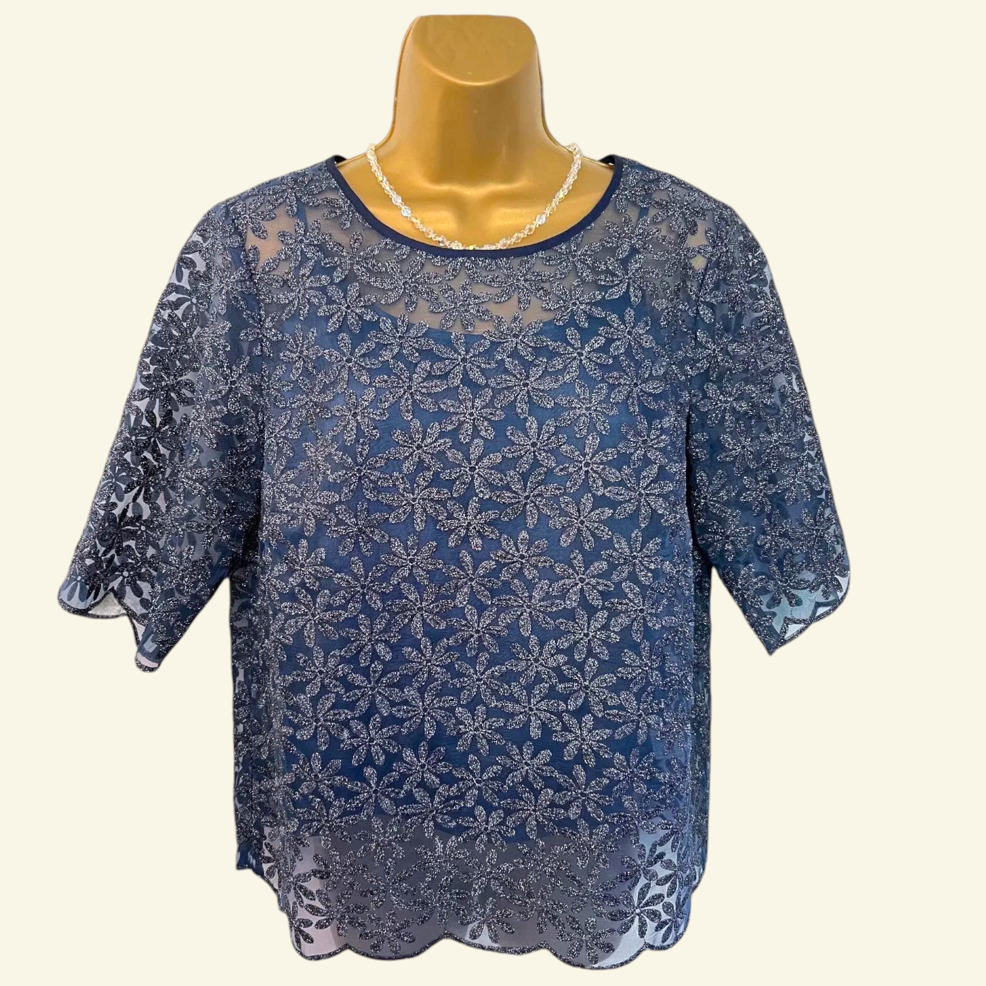Boden Dark Blue Metallic Floral Organza Top UK 14 US 10 EU 42 - Timelessfashions