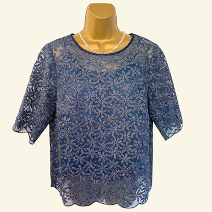 Boden Dark Blue Metallic Floral Organza Top UK 14 US 10 EU 42 - Timelessfashions