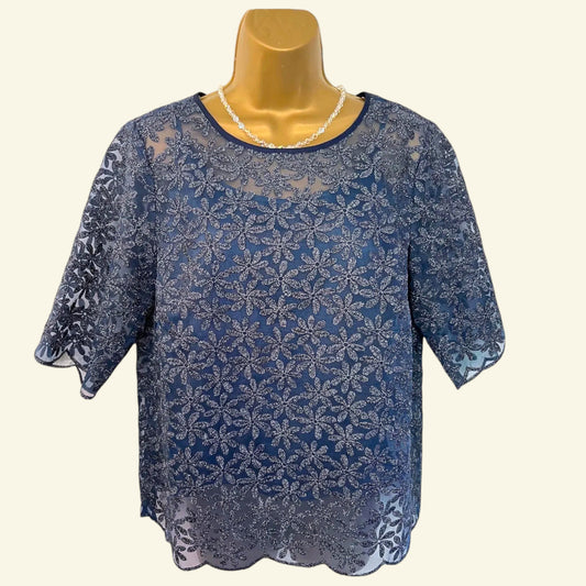 Boden Dark Blue Metallic Floral Organza Top UK 14 US 10 EU 42 - Timelessfashions
