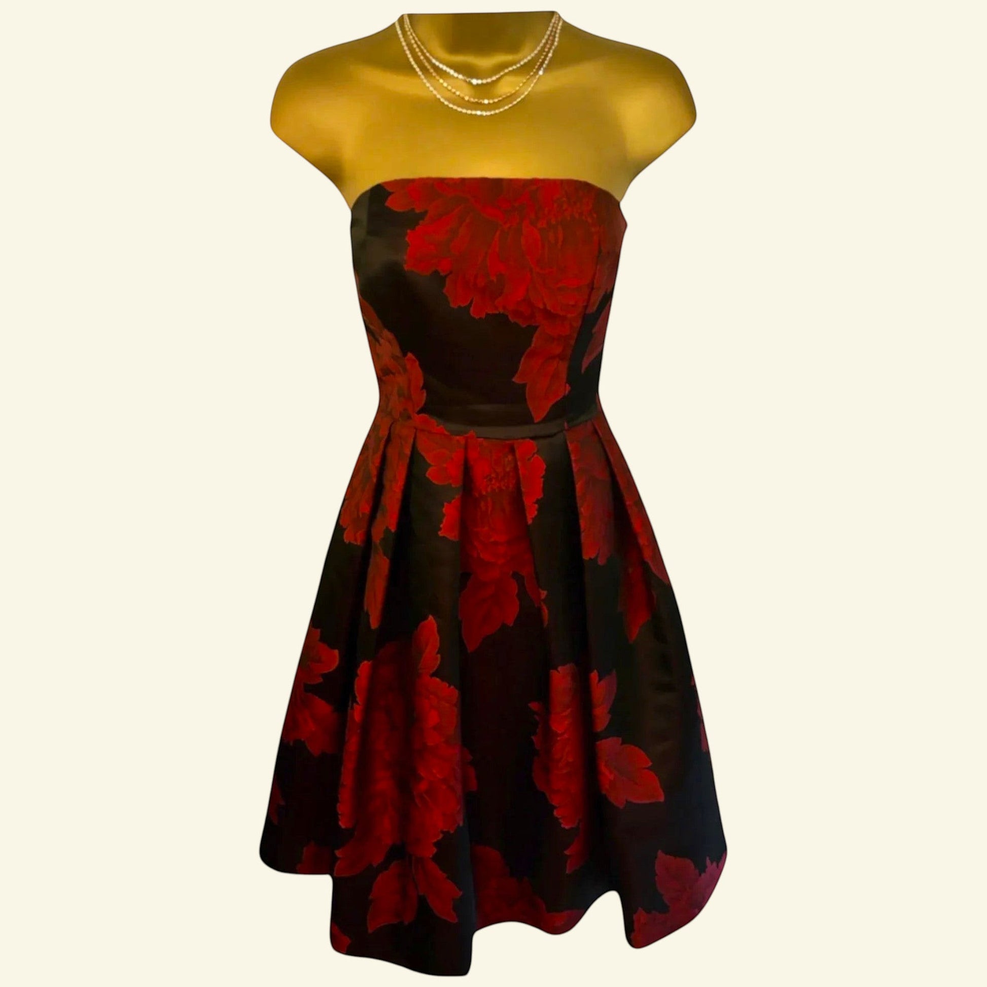 Coast Red Black Floral Jacquard Strapless Dress UK 8 US 4 EU 36 - Timelessfashions