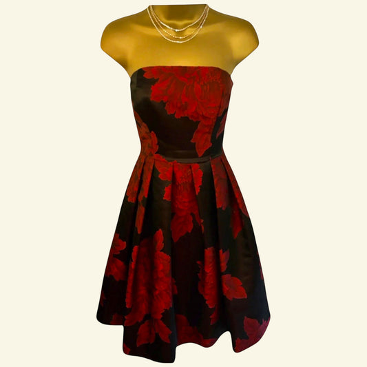 Coast Red Black Floral Jacquard Strapless Dress UK 8 US 4 EU 36 - Timelessfashions