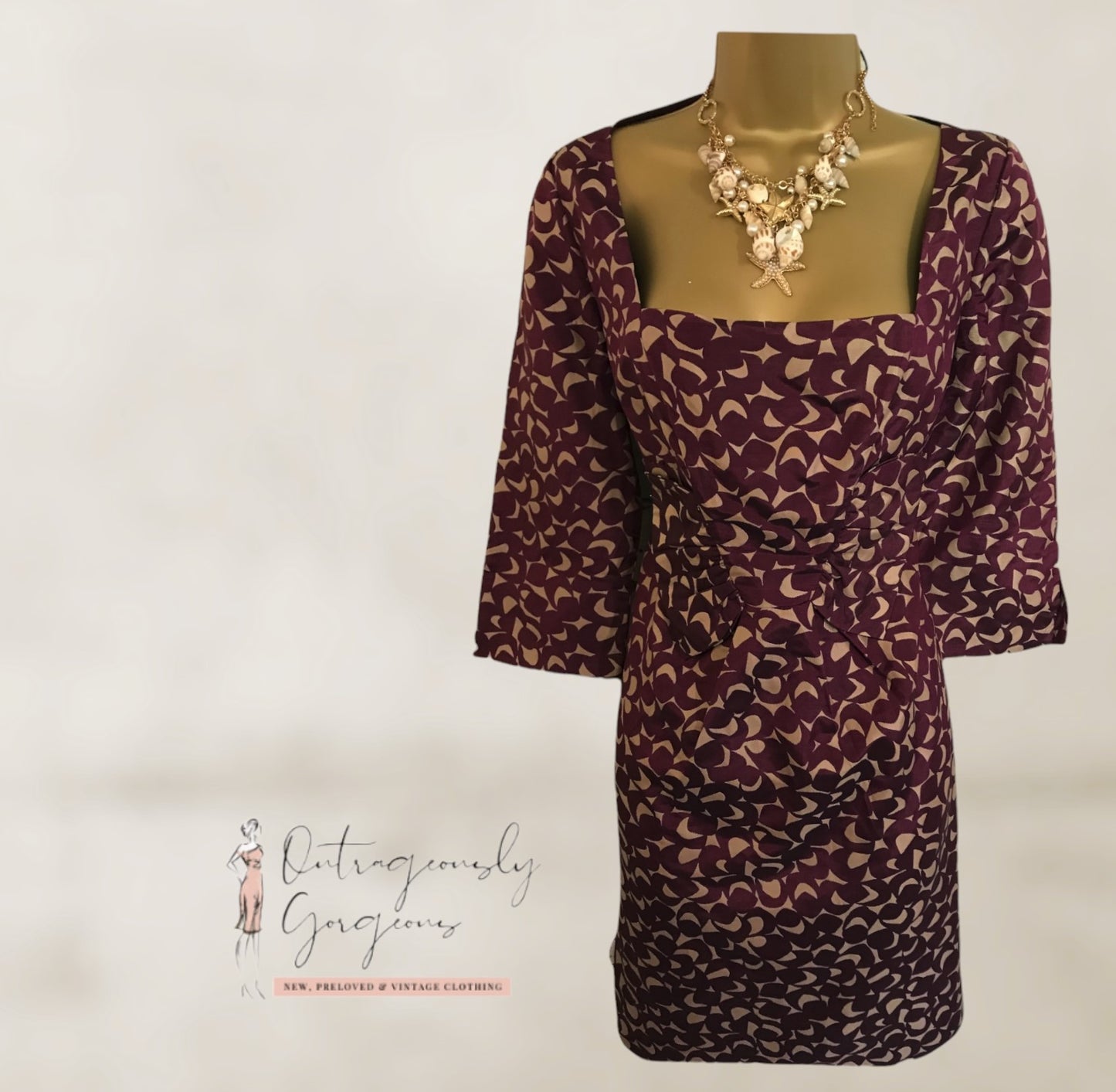 Hoss Intropia Purple Beige Silk & Cotton Dress UK 14 US 10 EU 42 Timeless Fashions
