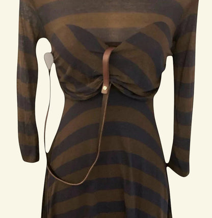Yigal Azrouel Storm Blue & Earth Brown Striped Dress UK 8 US 4 EU 36 - Timelessfashions