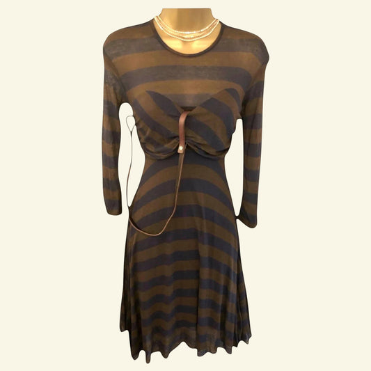 Yigal Azrouel Storm Blue & Earth Brown Striped Dress UK 8 US 4 EU 36 - Timelessfashions