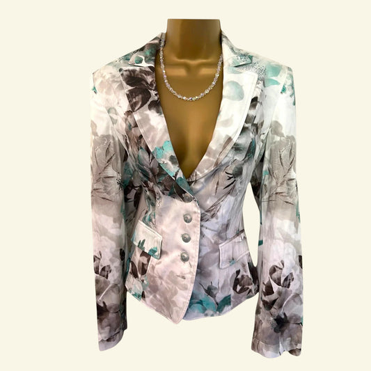 Apanage Womens White, Blue & Grey Floral Jacket UK 10 US 6 EU 38 IT 42 - Timelessfashions