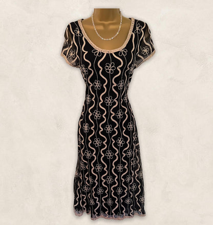 Phase Eight Black & Cream Tapework Cap Sleeve Midi Dress UK 12 US 8 EU 40 Timeless Fashions