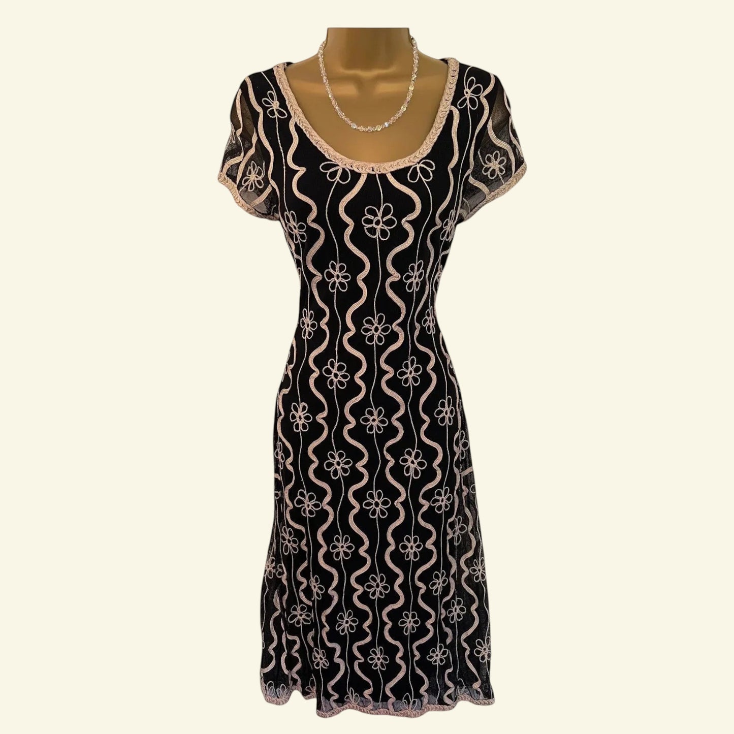 Phase Eight Black & Cream Tapework Cap Sleeve Midi Dress UK 12 US 8 EU 40 - Timelessfashions