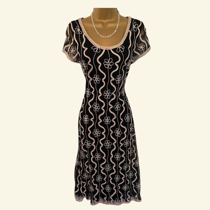 Phase Eight Black & Cream Tapework Cap Sleeve Midi Dress UK 12 US 8 EU 40 - Timelessfashions