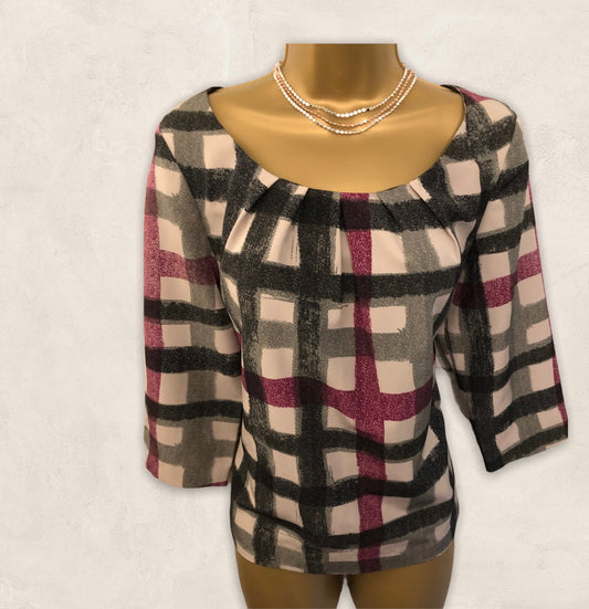 Laura Ashley Abstract Check Cropped Smock Top UK 12 US 8 EU 40 Timeless Fashions