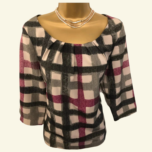 Laura Ashley Abstract Check Cropped Smock Top UK 12 US 8 EU 40 - Timelessfashions