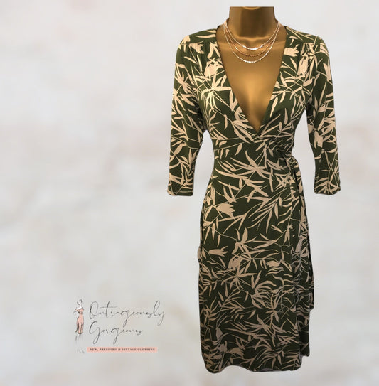 Kaliko Green Bamboo Crossover 3/4 Sleeve Wrap Tea Dress UK 8 US 4 EU 36 Timeless Fashions