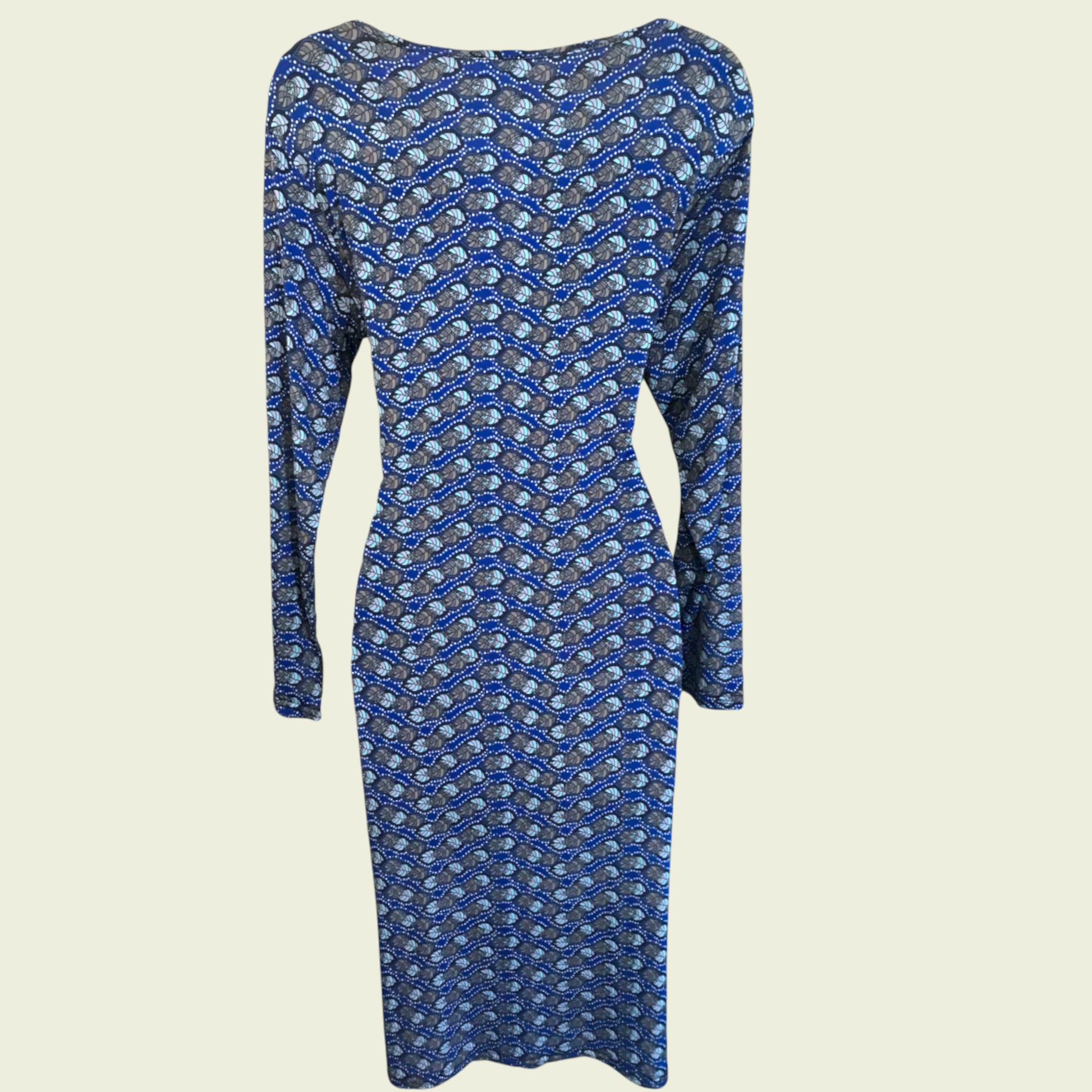 Blue patterned dress on a beige background