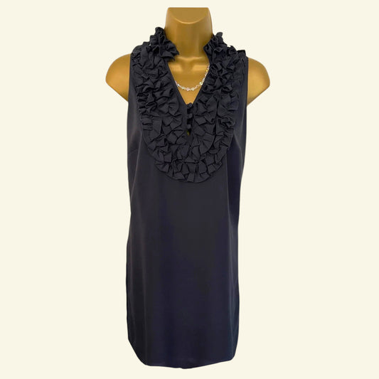 John Rocha Navy Ruffle Neck Sleeveless Shift Dress Petite UK 12 US 8 EU 40 - Timelessfashions