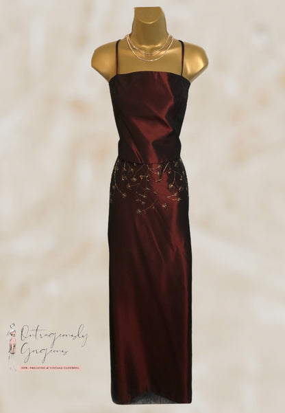 LaundryBy Shelli Segal Long Claret Satin Skirt & Backless Bodice UK 10 UK 6 EU 38 Timeless Fashions