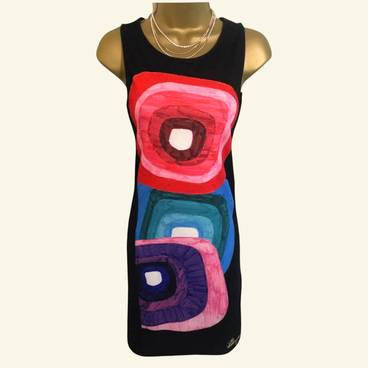 Desigual Rhina Women's Black/Multi Coloured Geometric Mini Dress UK 10 US 6 EU 38 IT 42 - Timelessfashions