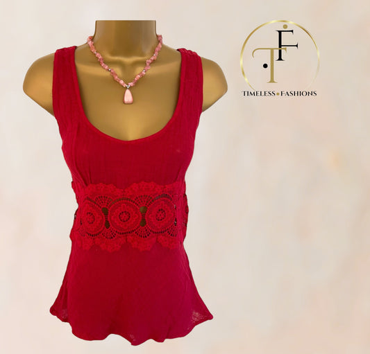 Baby Ceylon Womens Red Linen Cut Out Lace Sleeveless Top UK 12 US 8 EU 40 Timeless Fashions