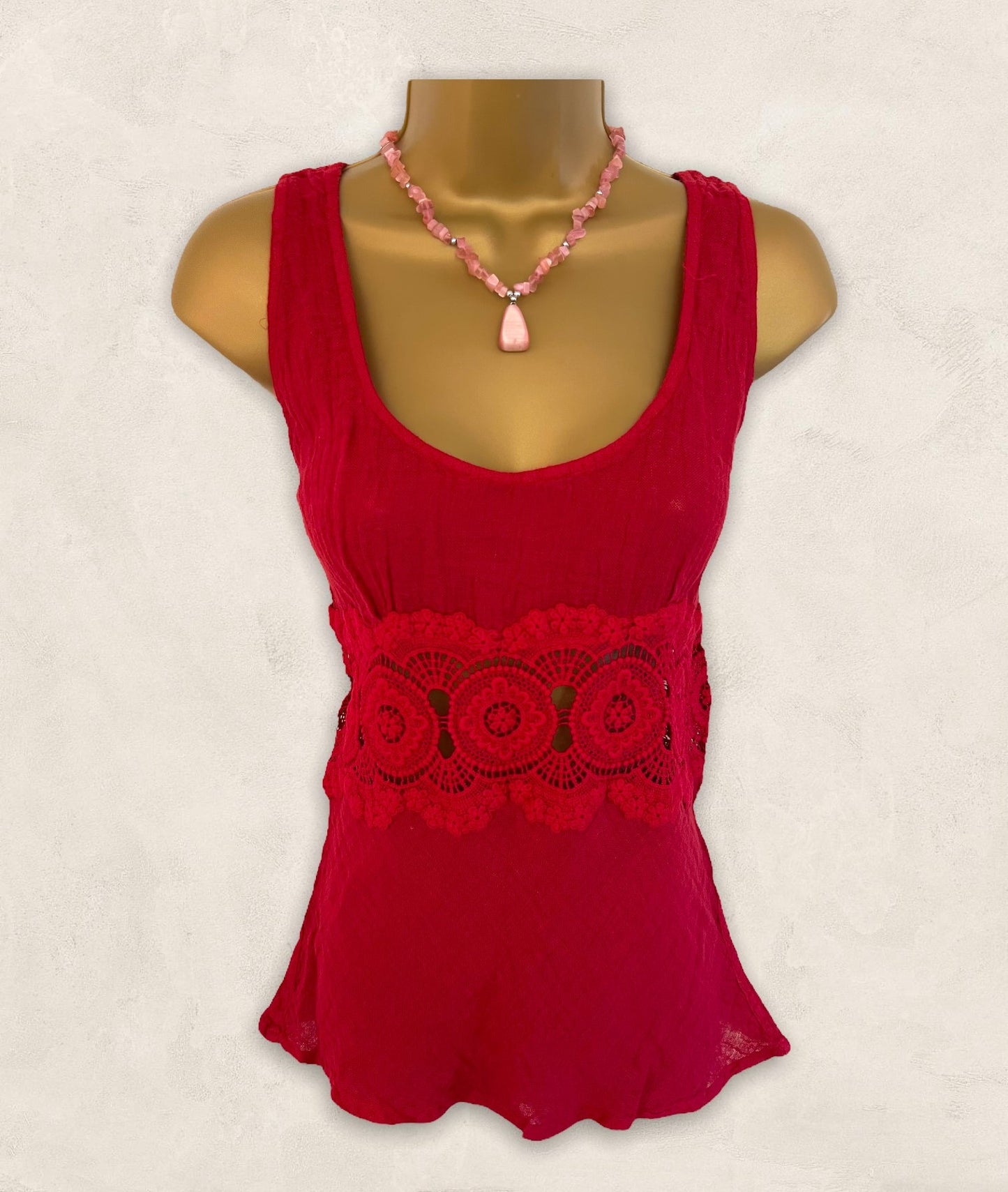 Baby Ceylon Womens Red Linen Cut Out Lace Sleeveless Top UK 12 US 8 EU 40 Timeless Fashions