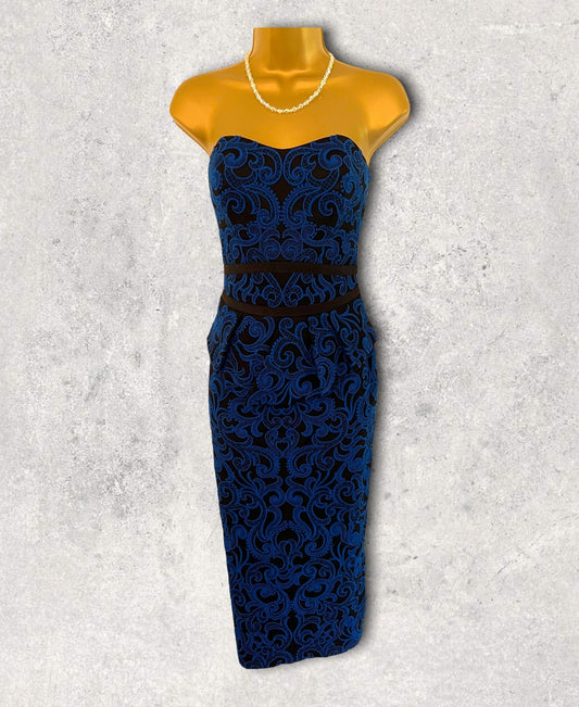 Karen Millen Royal Blue & Black Bodycon Peplum Midi Dress UK 8 US 4 EU 36 Timeless Fashions