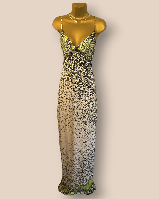 Yigal Azrouel Black, Ivory & Lime Green Silk Maxi Dress UK 8 US 4 EU 36 ﻿ Timeless Fashions