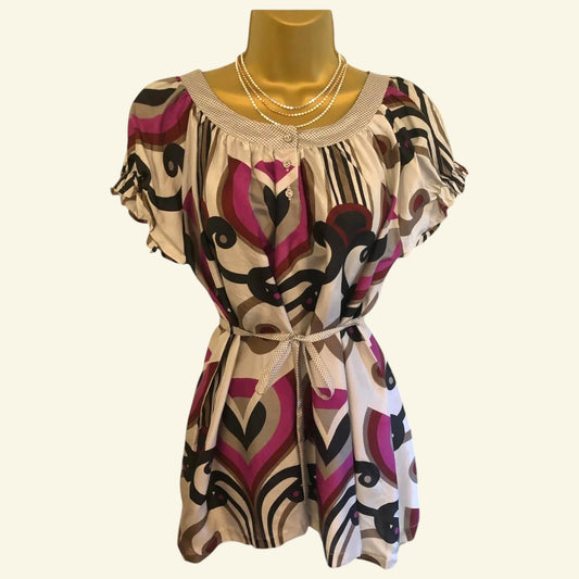 St-Martins Womens Grey & Pink Cap Sleeve Belted Silk Top Size M UK 12 US 8 EU 40 BNWT RRP £45.00 - Timelessfashions