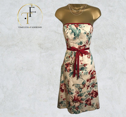 Coast Cream Red Cotton Floral 1950's Style Dress UK 8 US 4 EU 36 Timeless Fashions