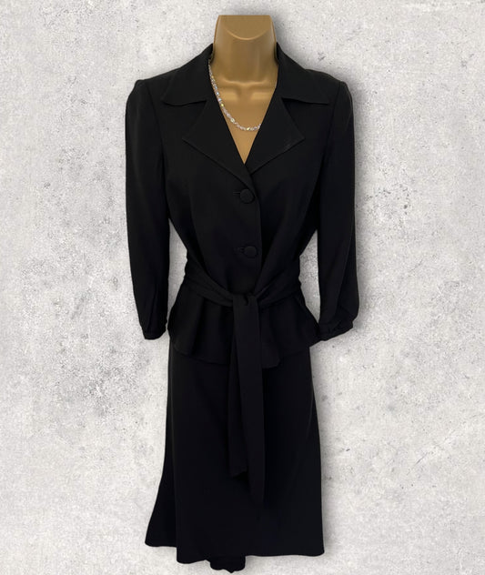 L.K. Bennett Black Crepe Skirt Suit, Jacket, Tie Belt UK 12 US 8 EU 40 Timeless Fashions