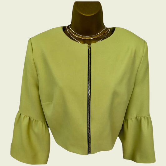 Green jacket with a zipper on a mannequin against a beige background