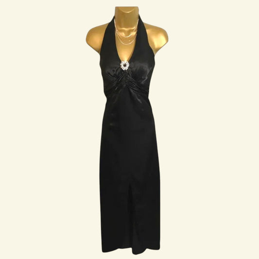 Irene's Creation Black Satin Halterneck Long Dress UK 8 US 4 EU 36 - Timelessfashions