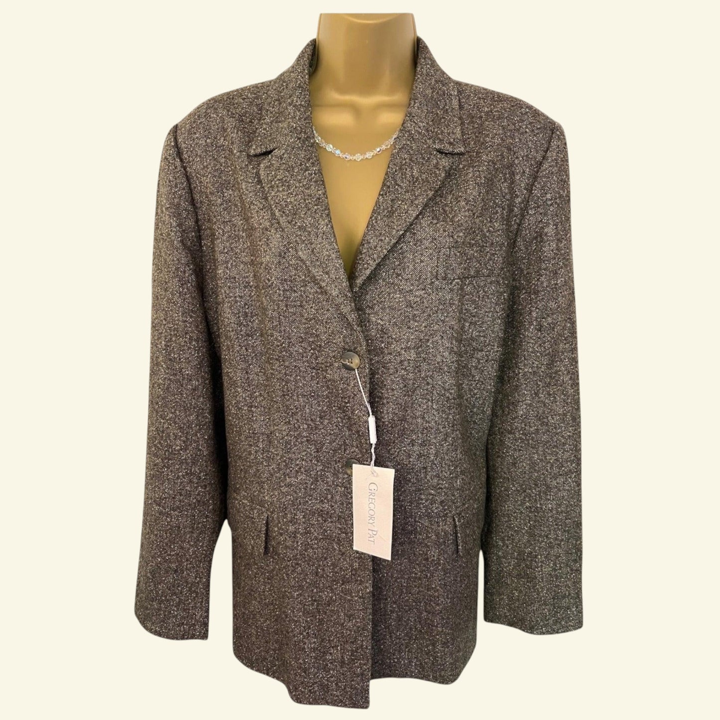 Gregory Pat Grey/Brown Tweed Wool & Silk Blend Box Jacket UK 18 US 14 EU 46 - Timelessfashions