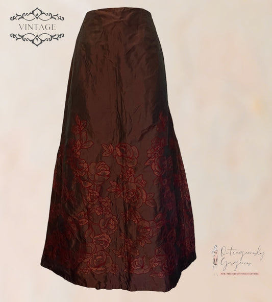 Marilyn Anselm Hobbs Claret Red Vintage Floral Metallic Long Skirt UK 8 US 4 EU 36 Timeless Fashions