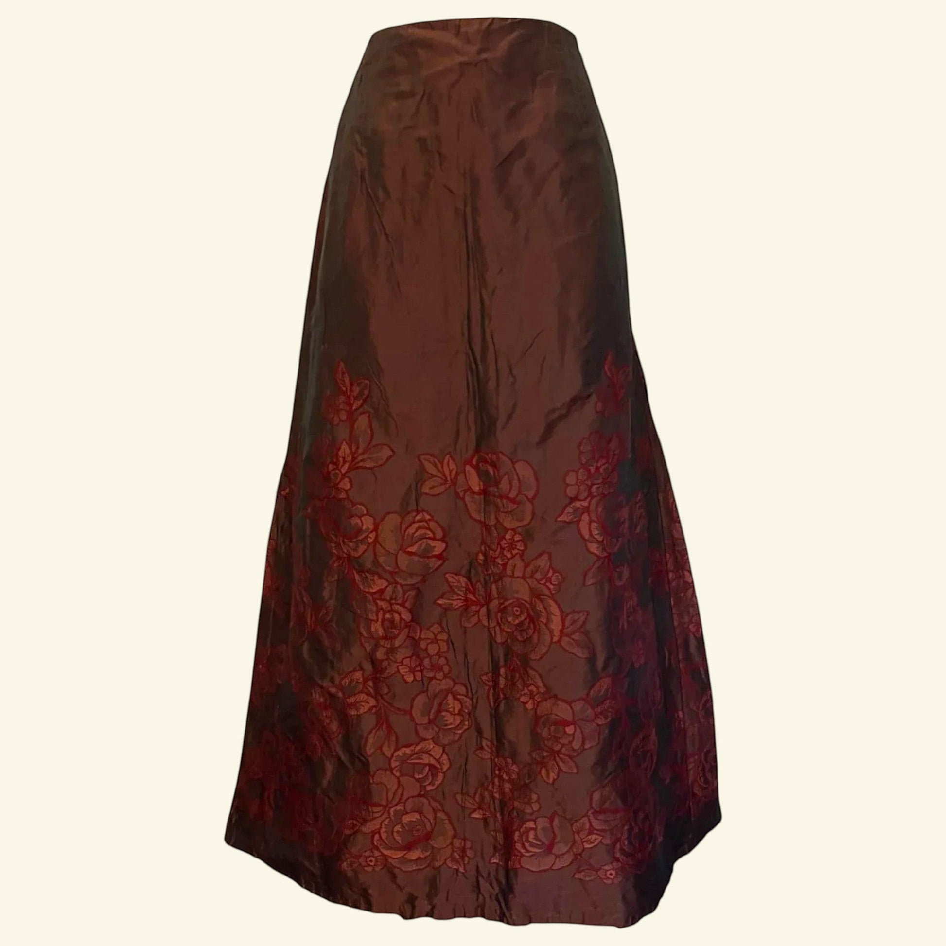 Marilyn Anselm Hobbs Claret Red Vintage Floral Metallic Long Skirt UK 8 US 4 EU 36 - Timelessfashions