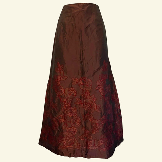 Marilyn Anselm Hobbs Claret Red Vintage Floral Metallic Long Skirt UK 8 US 4 EU 36 - Timelessfashions