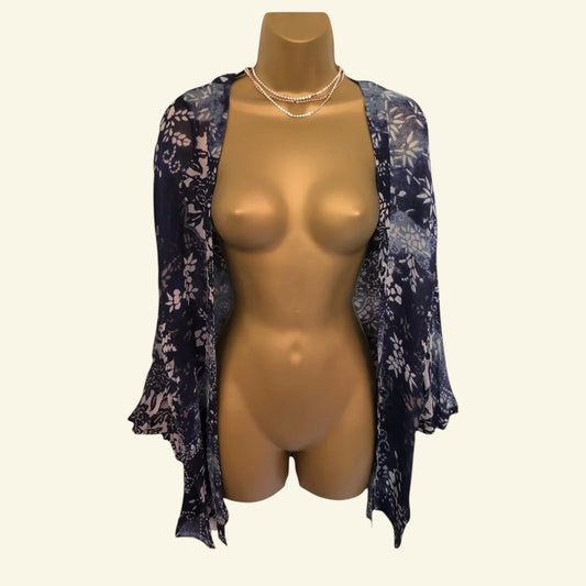 Pomodoro Indigo Chiffon Batik Duster Jacket UK 10 EU 38 US 6 - Timelessfashions