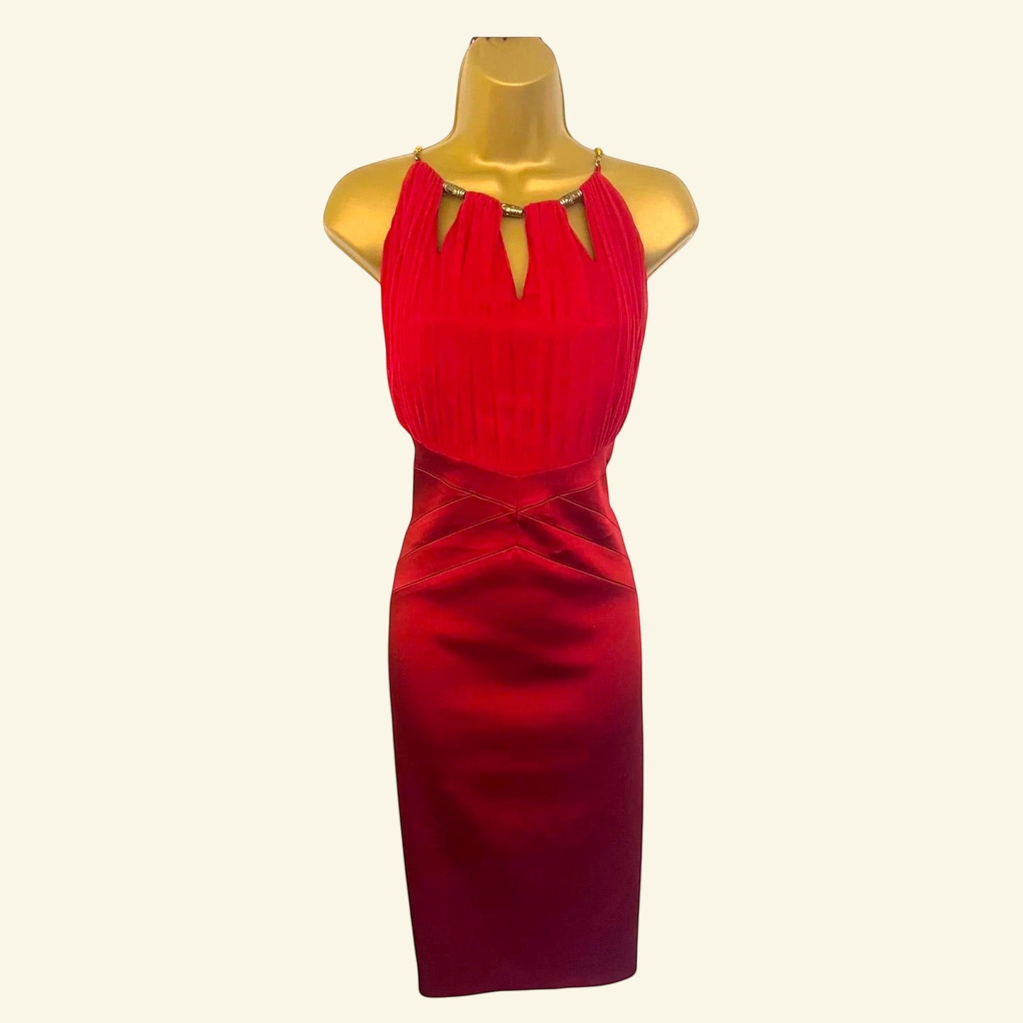 Jax Red Satin & & Mesh Ruched Bodice Cocktail Dress UK 12 US 8 EU 40 - Timelessfashions