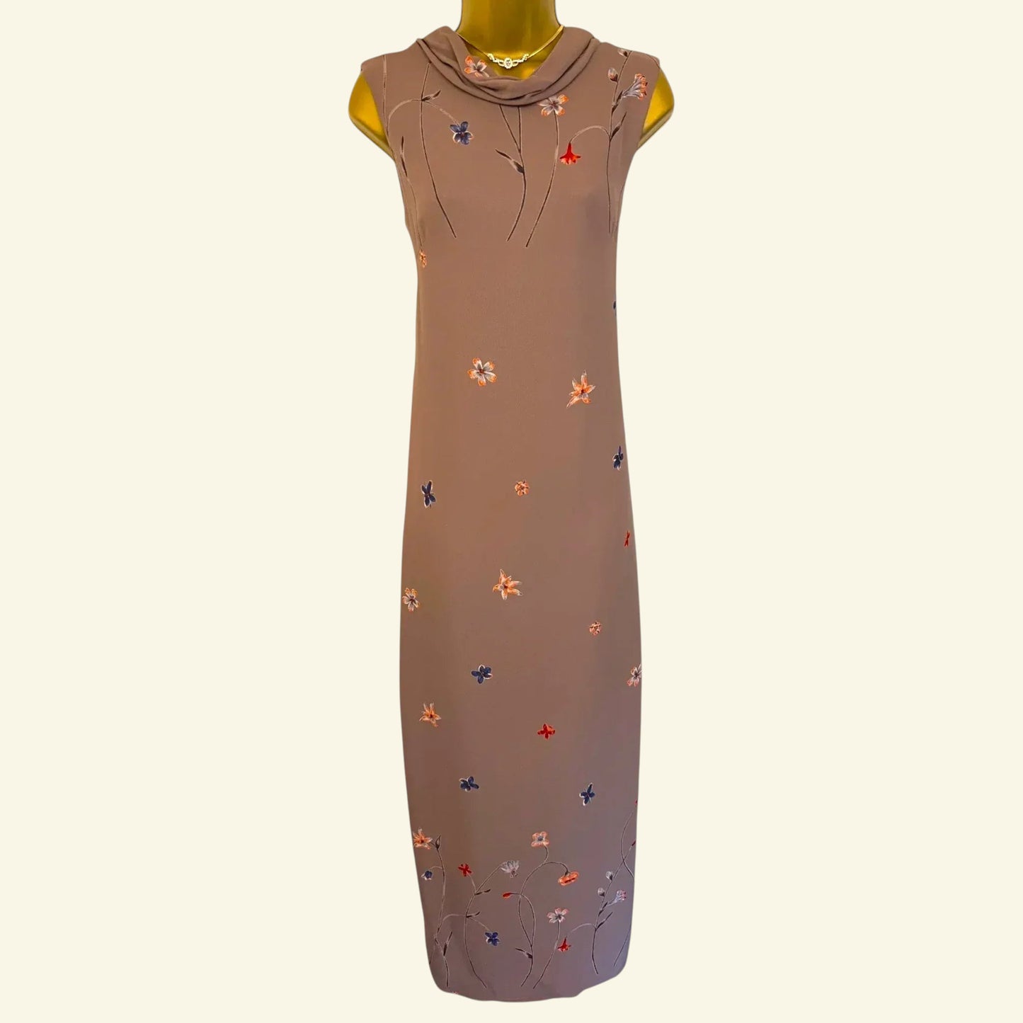Antonio D'errico Warm Taupe Crepe Long Floral Dress UK 10 US 6 EU 38 IT 42 - Timelessfashions