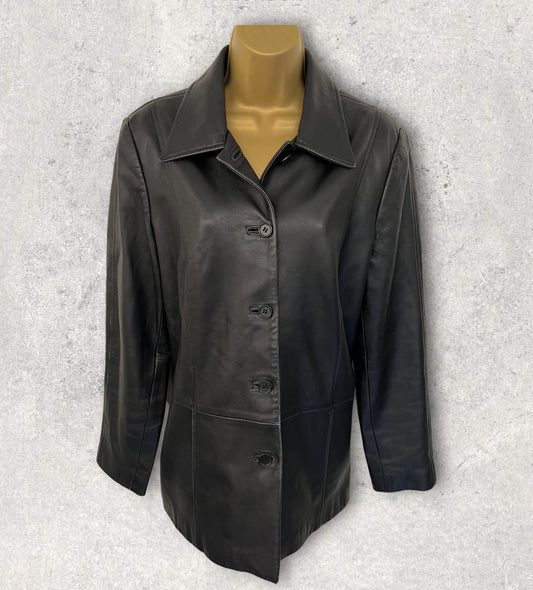Marks and Spencer Black Vintage Soft Leather Box Jacket UK 14 US 10 EU 42 Timeless Fashions