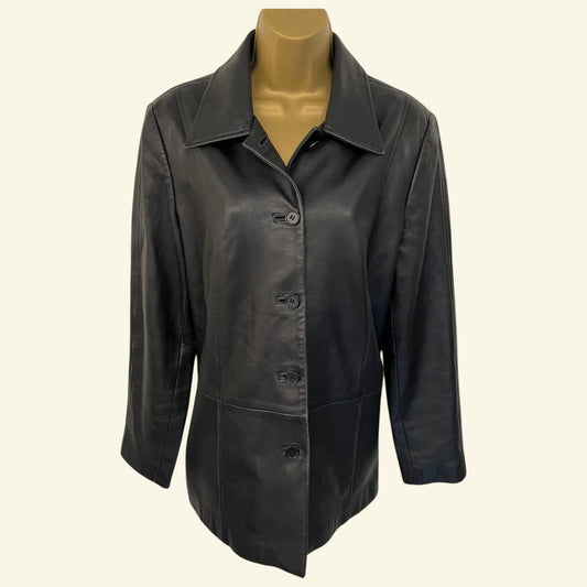 Marks and Spencer Black Vintage Soft Leather Box Jacket UK 14 US 10 EU 42 - Timelessfashions