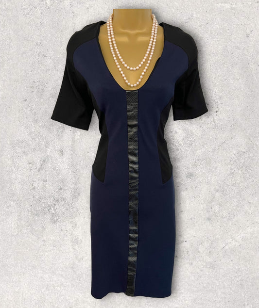 Mary Portas Black & Navy Dress, Faux Leather Panel UK 10 US 6 EU 38 Timeless Fashions