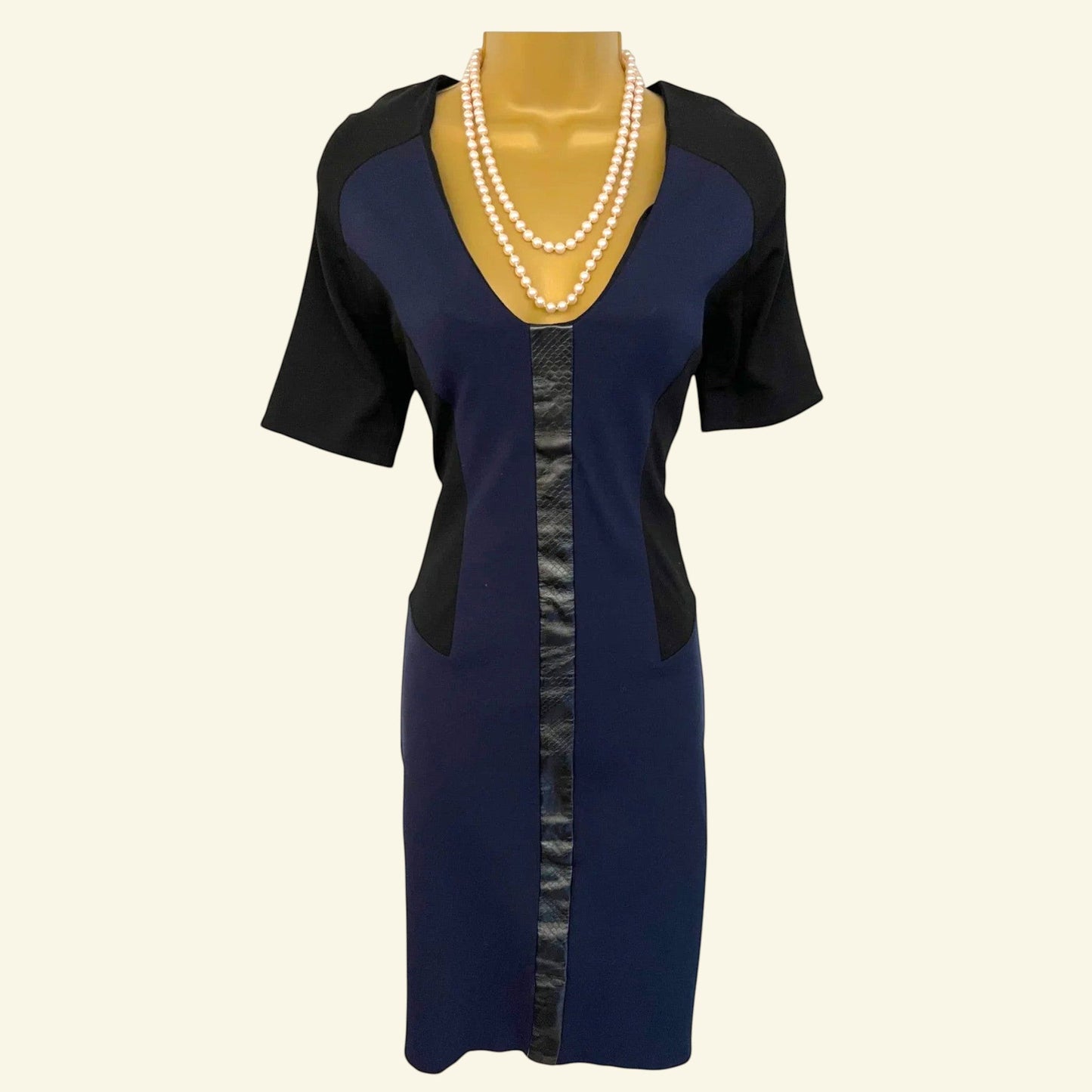 Mary Portas Black & Navy Dress, Faux Leather Panel UK 10 US 6 EU 38 - Timelessfashions