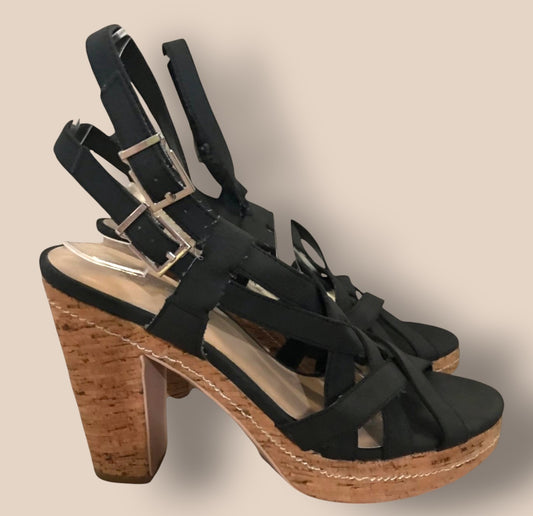 Carvela Black Criss Cross Cork Block Heel Sandals UK 7 EU 40 Timeless Fashions