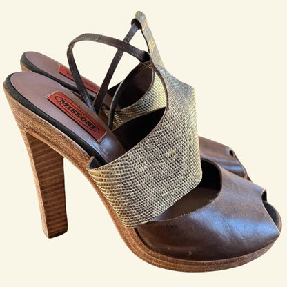 Missoni Womens Brown Leather & Gold Snakeskin Block Heel Sandals UK 7 US 9 EU 40 - Timelessfashions