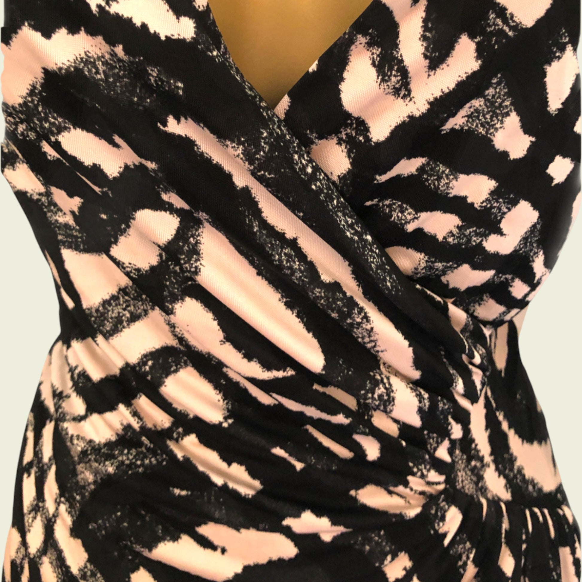 Black and beige patterned fabric on a mannequin
