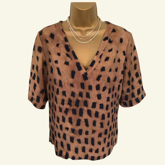 Marie Mero Brown Animal Print Short Sleeve Top UK 10 US 6 EU 38 - Timelessfashions